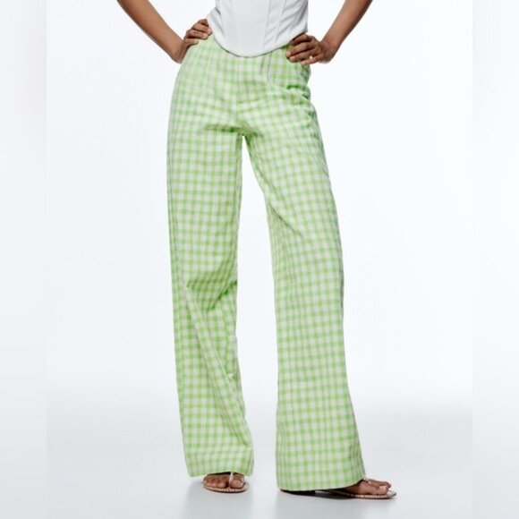 Zara Gingham Checkerboard Wide Leg Trouser Dress Pants Green White Dopamine Boho - Picture 2 of 16